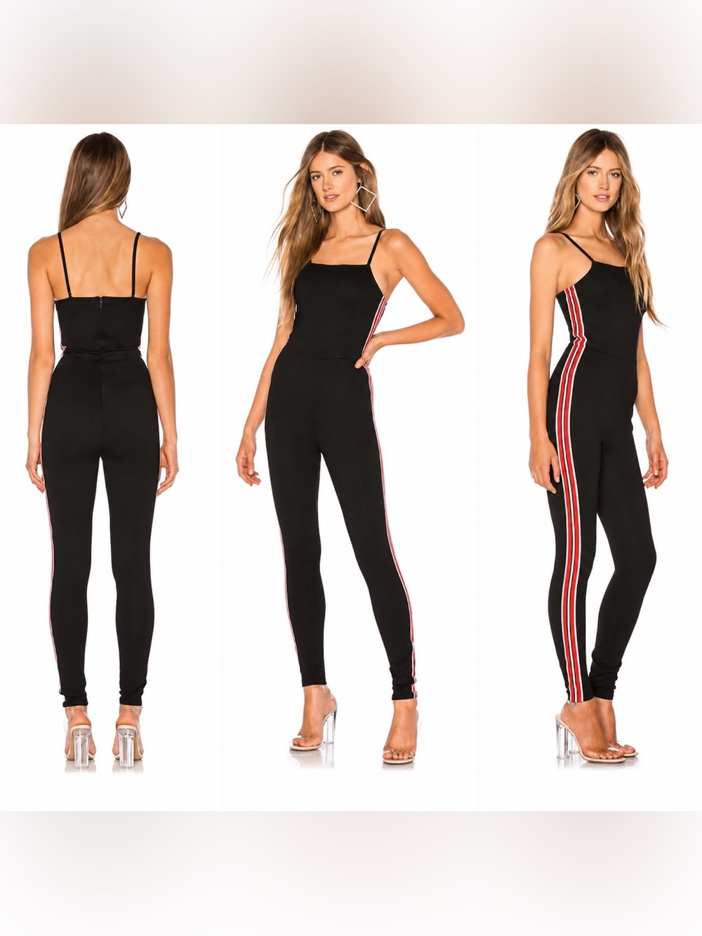 by the way. Black Slim Jumpsuit with Red Stripe Detail